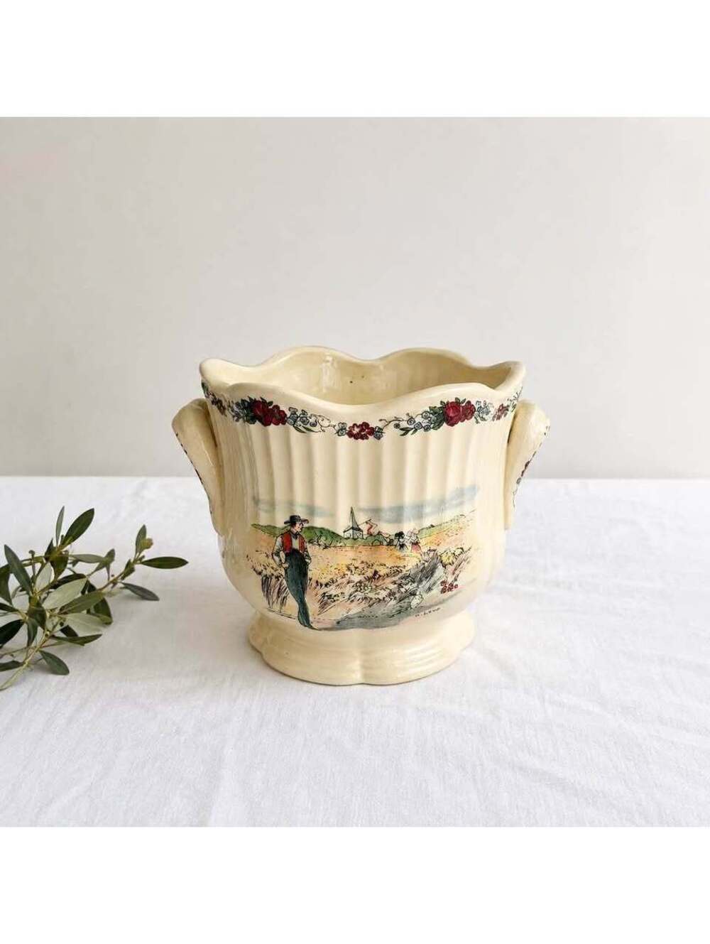 Vintage Sarreguemines Obernai France Henri Loux Ceramic Cachepot Planter 6”